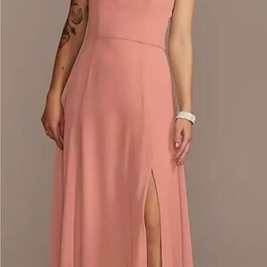 David's Bridal Desert Coral cowl neck chiffon bridesmaid’s dress